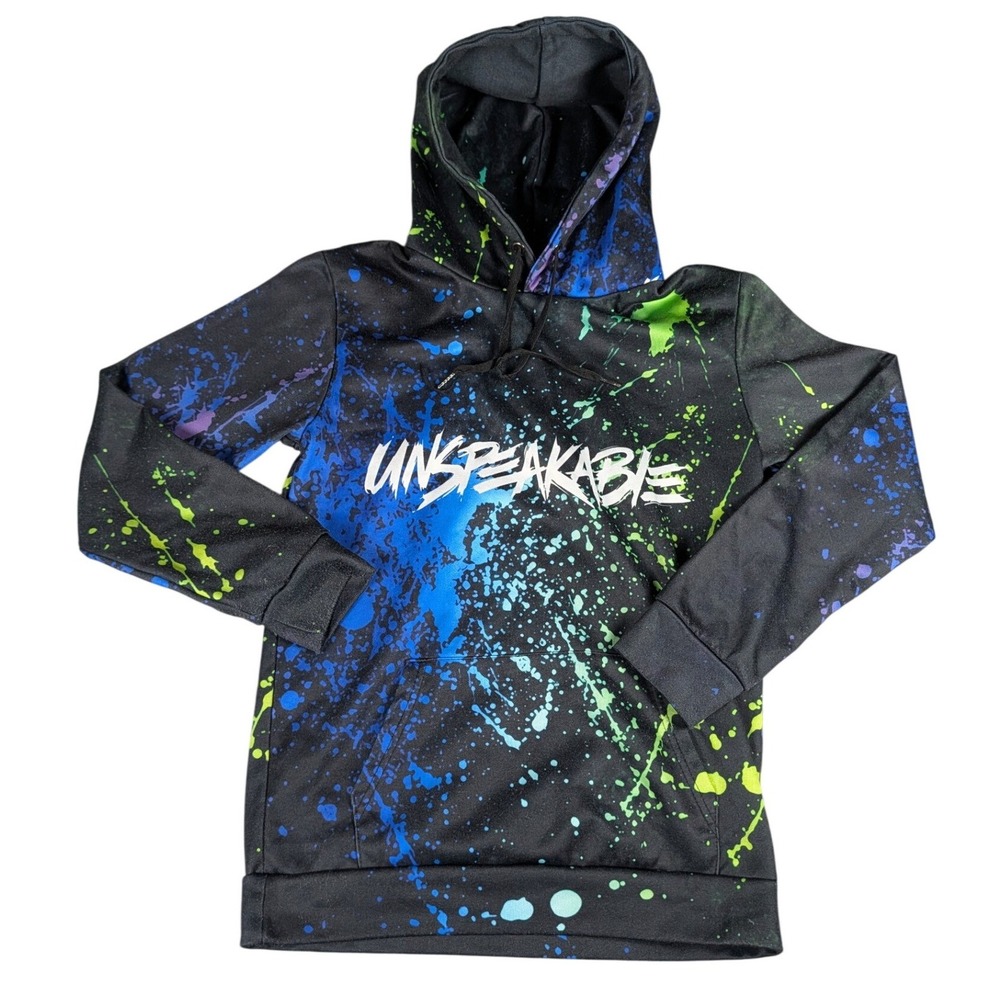 Unspeakable Gaming Hoodie Neon Paint Splatter Black Blue Green Fleece Pullover